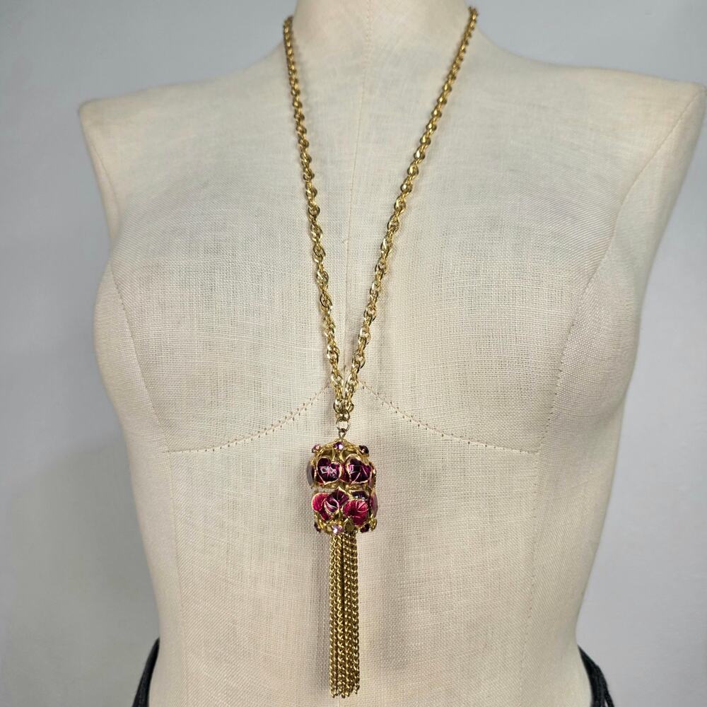 Vintage Enamel Rose Tassel Necklace Pink Rhinestone Pendant Statement